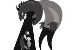 El Observatorio contra la Violencia Doméstica otorga sus premios al sistema VioGén y al profesor Miguel Lorente Imagen de un ogro sobre una mujer y un niño