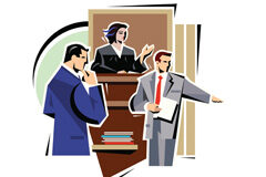 Conductas a evitar por el abogado en sala El dibujo de una jueza y dos abogados en una sala
