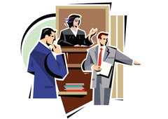 El dibujo de una jueza y dos abogados en una sala