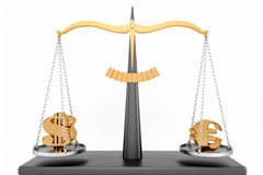 Matizaciones sobre los efectos de una guerra de precios en el sector legal Una balanza con el símbolo del dolar y el euro en cada lado.