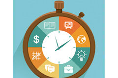 Saber gestionar el conocimiento es gestionar el tiempo Dibujo de un reloj lleno de iconos