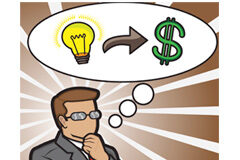 Las habilidades comerciales del abogado Hombre de traje pensando en dinero y bombillas