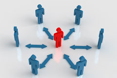 El liderazgo directivo en los despachos profesionales Un muñequito rojo en el centro rodeado de muñequitos azules.