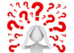 Un muñequito blanco rodeado de interrogantes rojos Un muñequito blanco rodeado de interrogantes rojos