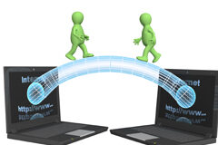 Networking y “Not-working” Dos ordenadores y de las pantallas sale como un luz azul que va de una a otra y sobre ella dos muñecos