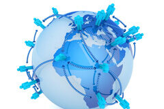 Polémica en las redes sociales: ¿perfiles personales o corporativos? Una bola del mundo y figuras de muñequitos por encima conectados entre ellos por líneas de puntos