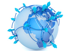 Una bola del mundo y figuras de muñequitos por encima conectados entre ellos por líneas de puntos