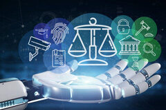 Casos prácticos de robotización de procesos en despachos de abogados Iconos de justicia encima de una mano robótica