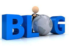 Atención al cliente online en despachos de abogados (3): El blog en la propia web y en plataforma online Letras de "blog" con un muñeco en medio