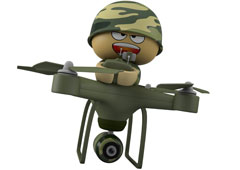 Dibujo de un dron pilotado por un muñeco militar