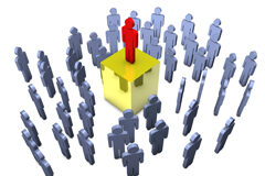 Renovación ética para la política Un muñeco (rojo) subido en una plataforma y rodeado de muñecos (azules)