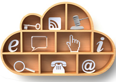 Una nube de madera y en cada casilla un símbolo, internet, información, maza...