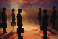 La estrategia al servicio del abogado: DAFO (I) Personas con maletín quietas sobre tablero de ajedrez