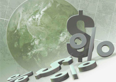 Una bola del mundo con los símbolos del dólar y porcentaje