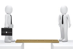 Abogado, no juzgues a tu cliente Dos muñecos con corbata y una escalera que conduce a una hacia el otro