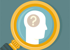 Un lupa aumenta un dibujo de una cabeza con el signo ? Un lupa aumenta un dibujo de una cabeza con el signo ?