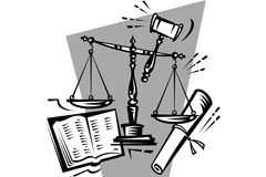 ¿Sabe la sociedad lo que hacemos realmente los abogados? Dibujo de balanza, libro, mazo, papel