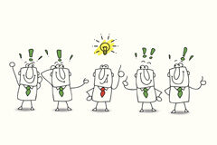 Compañeros ¡Cuidado con los “clientes” listillos! Cinco muñecos, uno de ellos con una bombilla y los otros con símbolos de admiración