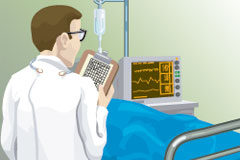 Cuidados paliativos Dibujo de un médico en una habitación de hospital