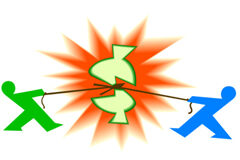 Socios y derecho de separación dos muñecos tirando de una bolsa de dinero