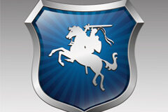 El abogado es el escudo del inocente y la espada del culpable Escudo con un hombre a caballo con espada