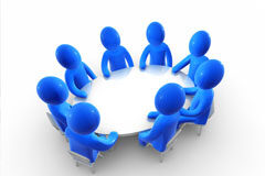 Mesa redonda sobre el horario europeo Muñecos azules alrededor de una mesa redonda