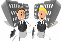 Abogados, conflicto de intereses y muros chinos Dos muñecos de traje delante de unos edificios