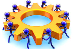 Programa de activación de empleo Varios muñecos azules haciendo girar una rueda de engranaje