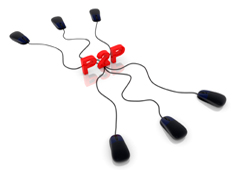 Las siglas P2P en rojo conectada a seis ratones
