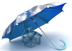Una figura de una casa y sobre ella un paraguas azul