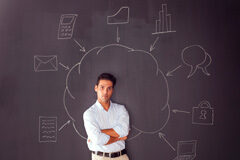 ¿Cómo adquirimos habilidades empresariales para gestionar nuestros despachos? Un joven apoyado en un pizarra con dibujos