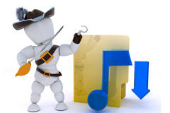 Japón refuerza la lucha contra la piratería Un muñequito 'pirata' con una espada y al lado una carpeta con la flecha de 'download' y el símbolo de música
