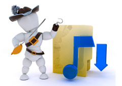 Un muñequito 'pirata' con una espada y al lado una carpeta con la flecha de 'download' y el símbolo de música