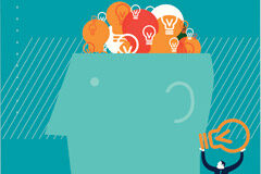 La publicidad de hoy y de mañana Dibujo de una cabeza abierta llena de bombillas de colores