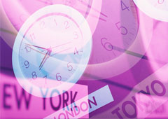 Relojes difuminados con carteles de las ciudades de 'New York', 'London' y 'Tokio'