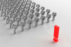 ¿Cuándo responde un abogado? Varios signos de interrogación y un signo de exclamación de color rojo.