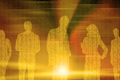 Somos mercancía peligrosa Siluetas de gente formada por números binarios