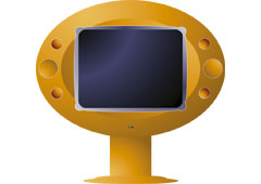 Una ilustración futurista TV en color naranja con un stand Una ilustración futurista TV en color naranja con un stand