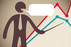 Mala praxis de las entidades financieras en la comercialización de los bonos estructurados Muñeco con una bocadillo de conversación y gráficos