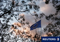 La bandera de la Unión Europea entre árboles