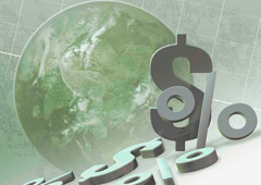 Símbolos del $ y una bola del mundo