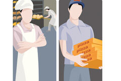 Los contratos de integración alimentaria 2 de dibujos en el de la izquierda el obrador del pan y en el de la derecha un chico llevando pizzas