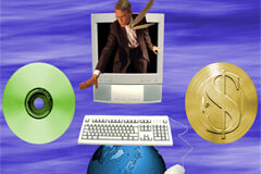 El Canon Digital: primer varapalo judicial La imagen de un hombre que sale de la pantalla de un ordenador para coger un CD debajo el teclado y debajo la bola del mundo con un ratón de ordenador y a la derecha el signo del dólar