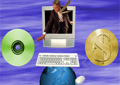 La imagen de un hombre que sale de la pantalla de un ordenador para coger un CD debajo el teclado y debajo la bola del mundo con un ratón de ordenador y a la derecha el signo del dólar