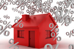Suelos, techos e hipotecas La figura de una casa roja y le llueven símbolos del (%) tanto por ciento