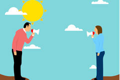 Casos absurdos de conflictos en derecho familiar que requerían mediación y no un juicio Dibujo de dos personas hablándose con megáfonos