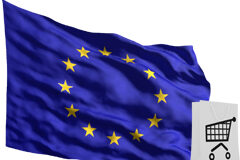 Solución de litigios en materia de consumo: la UE mueve ficha Una bandera de la Unión Europea y al lado una bolsa con el dibujo de un carro de la compra