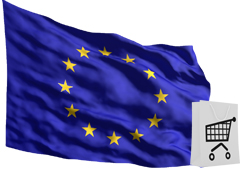 Una bandera de la Unión Europea y al lado una bolsa con el dibujo de un carro de la compra Una bandera de la Unión Europea y al lado una bolsa con el dibujo de un carro de la compra