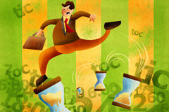 Los contratos temporales en España y su terminación Dibujo de un trabajador saltando sobre relojes de arena