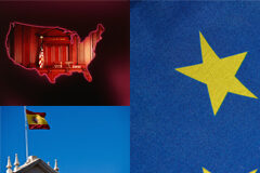 La presencia de la globalización del derecho en el ámbito del consentimiento informado. Análisis comparado (derecho español/derecho europeo/derecho norteamericano) Mapa del norteamerica con su bandera, la bandera de españa y la de europa